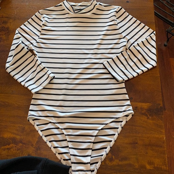 Tops - Black & White Striped Turtleneck Bodysuit